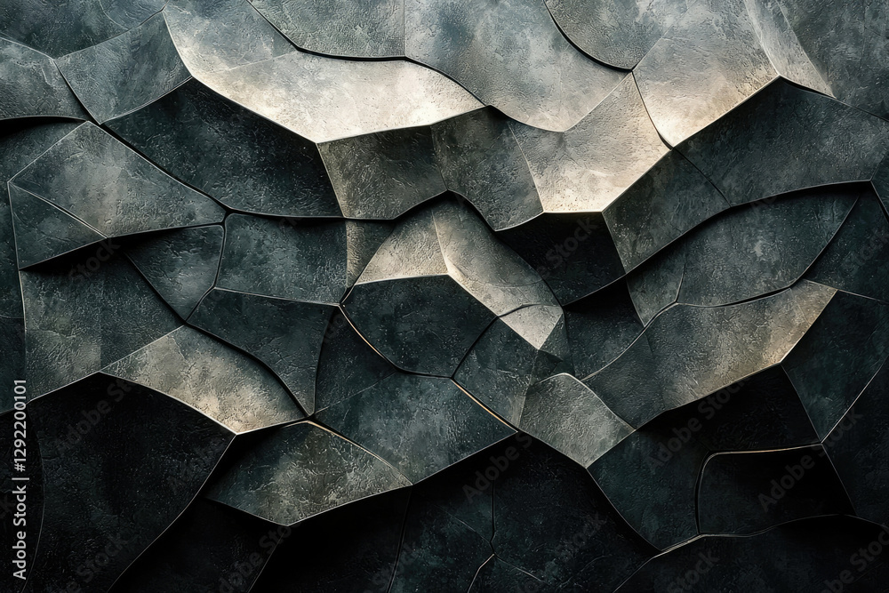 Poster Abstract dark gray textured background with irregular polygonal shapes resembling a rugged rock formation or metallic surface.