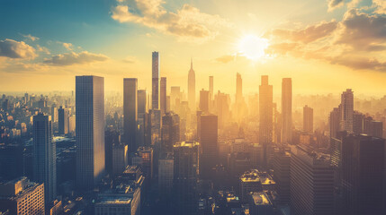 Fototapeta premium City downtown landscape with modern skyscraper buildings in in sunny day under blue sky with clouds. Cartoon vector illustration of cityscape with high rise architecture on skyline. Urban town street.