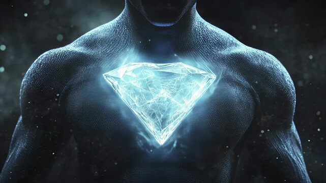 Man with glowing light in his chest. A guy in a torso of superman in the night. A glowing chest badge in blue. Man with a luminous glow emanating from his lifestyle chest.