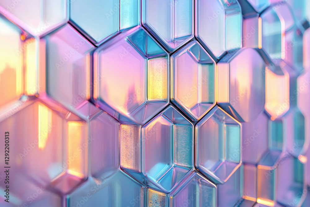 Poster Abstract iridescent hexagonal pattern reflecting a sunset, creating a vibrant and colorful geometric design.