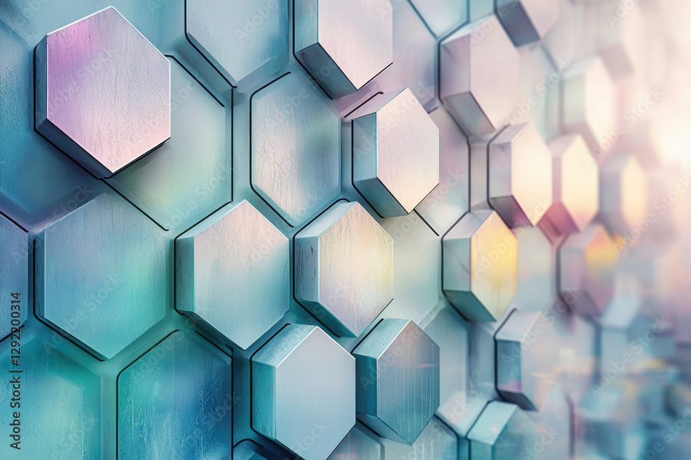 Poster Abstract 3D rendering of a wall composed of iridescent hexagonal shapes, creating a modern and technological aesthetic.