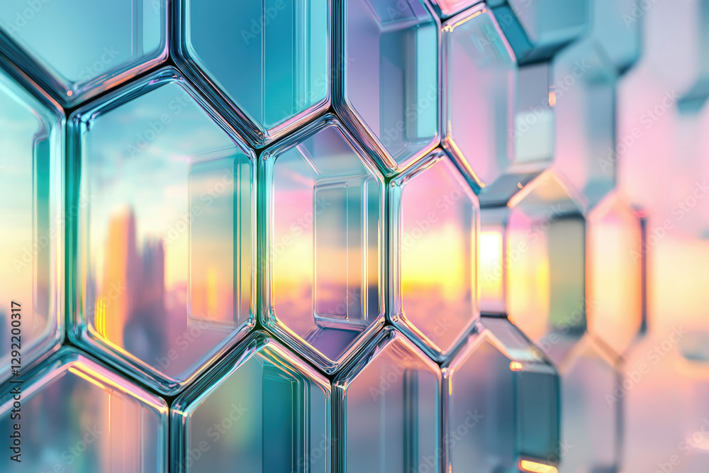 Aufkleber abstract image of hexagonal glass structures reflecting a cityscape at sunset.