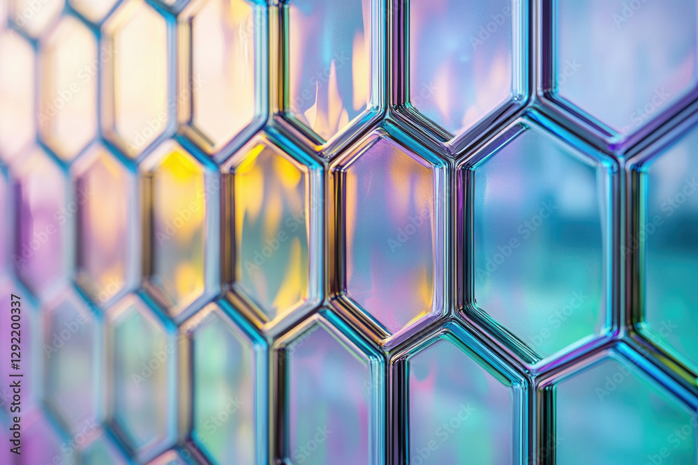 Poster Abstract iridescent hexagonal pattern, resembling a honeycomb structure with vibrant colors and reflections.