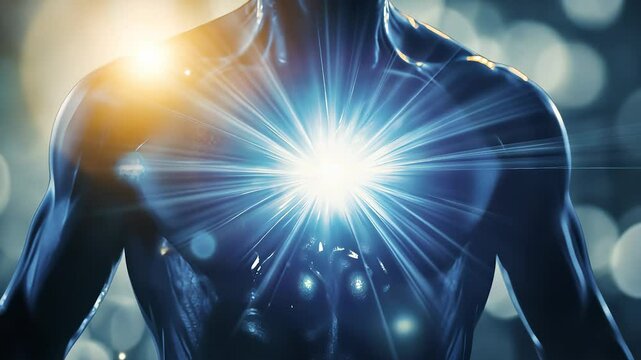 Man with glowing light in his chest. A guy in a torso of superman in the night. A glowing chest badge in blue. Man with a luminous glow emanating from lifestyle his chest.