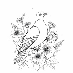 Obraz premium Black and White Dove with Flowers Detailed Line Art Botanical Illustration Vintage Engraving Nature Inspired Ink Sketch Floral Composition