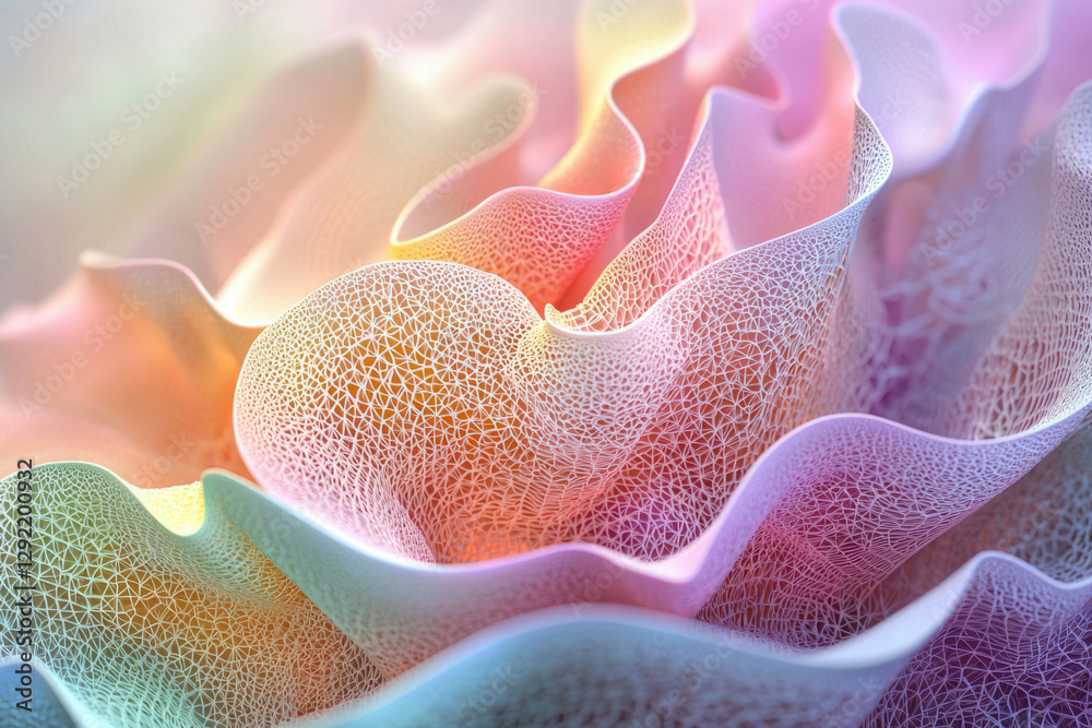 Poster Abstract pastel-colored waves with delicate, interconnected network pattern, creating a soft, dreamy texture.