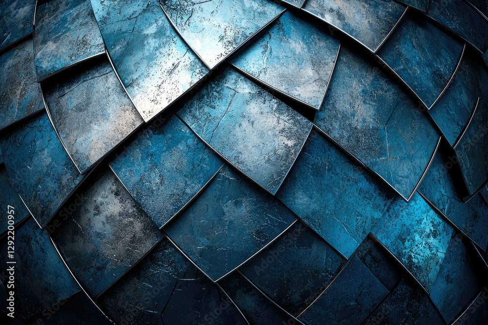 Poster Abstract image of overlapping dark blue metallic plates with a textured surface, creating a visually striking pattern.