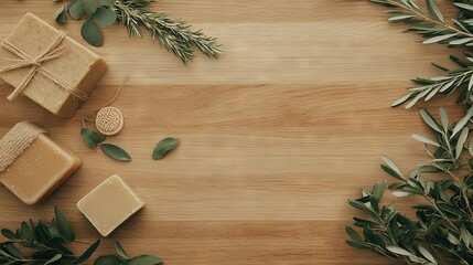   A pair of soaps rests atop a wooden table beside green foliage and a pine twig