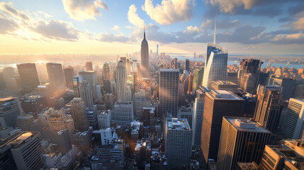 Naklejka premium City downtown landscape with modern skyscraper buildings in in sunny day under blue sky with clouds. Cartoon vector illustration of cityscape with high rise architecture on skyline. Urban town street.