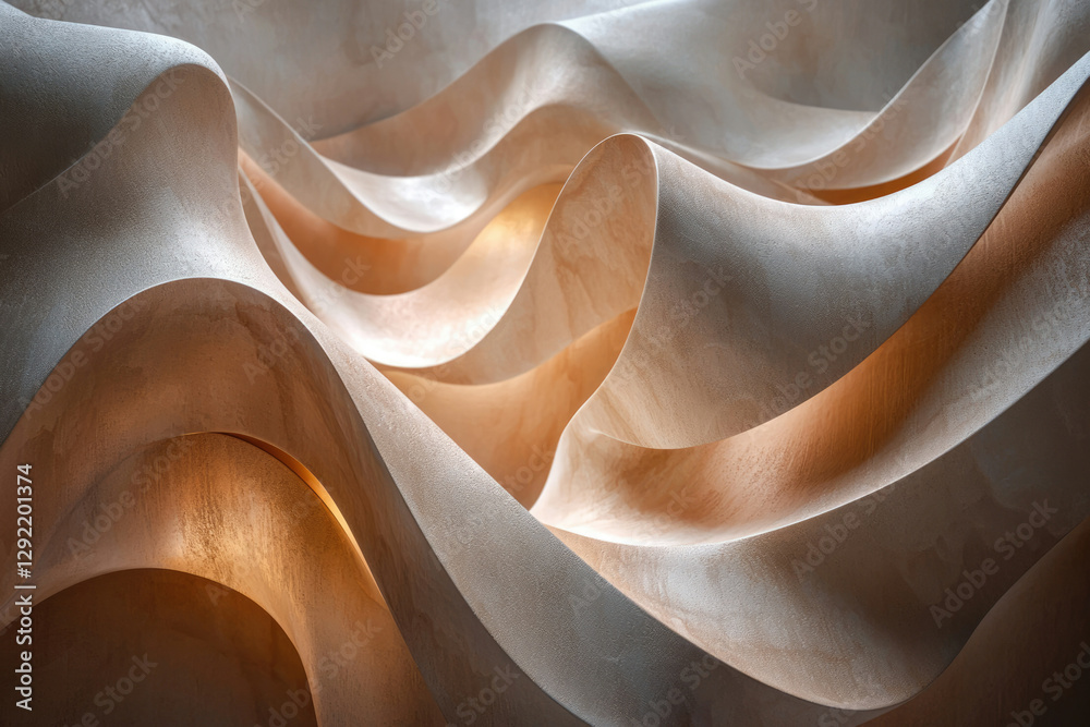 Aufkleber Abstract beige curves and waves illuminated with warm light, creating a dynamic and flowing visual texture.