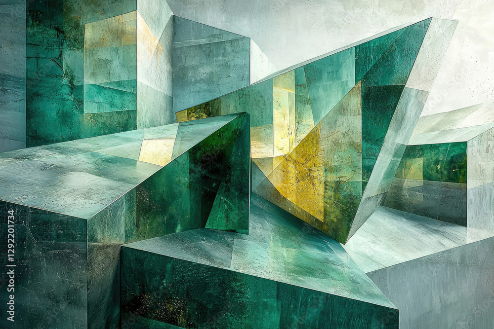 Poster abstract geometric art featuring intersecting teal and gold-toned glass or stone structures, creatin