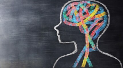 A conceptual illustration of a human brain on a chalkboard with colorful neural connections, symbolizing intelligence and creativity.  
