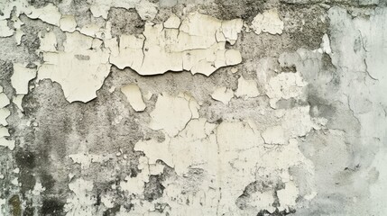 Obraz premium A close-up of a weathered and cracked white plaster wall, highlighting an old and rustic surface with natural imperfections. 