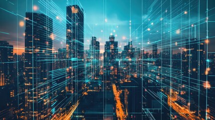 A futuristic city skyline illuminated by digital data overlays, symbolizing smart cities, technology, and innovation in urban development.  
