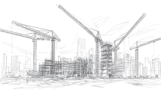 This artistic representation depicts a bustling construction site dominated by tower cranes and intricate structure outlines, showcasing the essence of urban growth and architectural evolution.