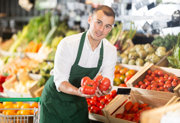 Friendly male seller in green apron enthusiastically offering fresh ripe tomatoes in organic grocery store filled with vibrant vegetables