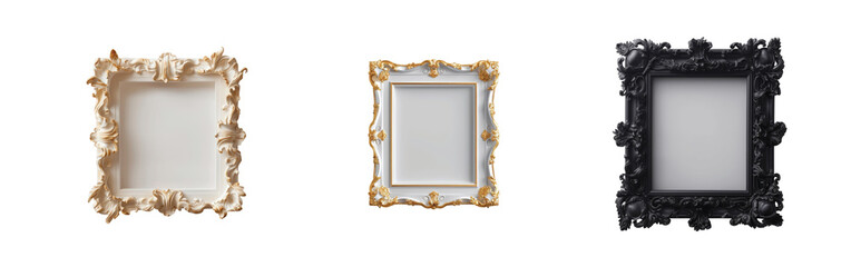 Ornate picture frames in various styles and colors displayed in a neat aligned row arrangement
