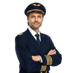Confident pilot in full uniform crossing arms airport portrait professional business, isolated on white or transparent background