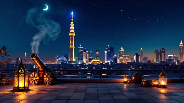 Nighttime Ramadan Rooftop Scene with Traditional Elements