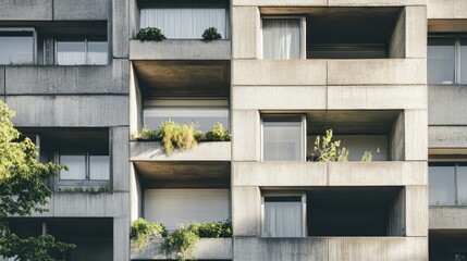 Fototapeta premium A contemporary apartment complex with multiple balconies, symbolizing city living, real estate, and modern architecture. 