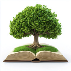 Tree emerging into an open book isolated on white background Generative ai
