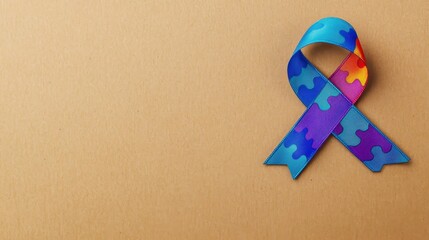 A blue and red autism awareness ribbon on a neutral beige background, symbolizing inclusivity, support, and neurodiversity awareness.  
