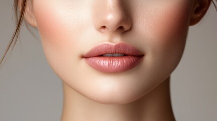 Close-up of young caucasian female with natural makeup and smooth skin