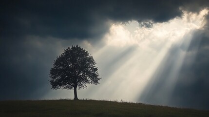 Obraz premium Lone tree silhouetted against dramatic sky with sunbeams.
