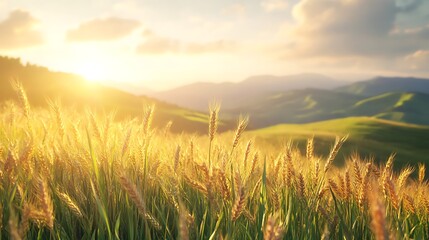 Obraz premium Rolling countryside with golden wheat fields and vibrant views high resolution picture