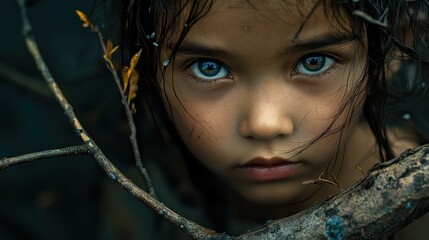 Young asian child with intense gaze amidst nature's branches