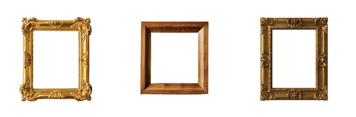 Decorative wooden and ornate gold frames displayed in a horizontal alignment