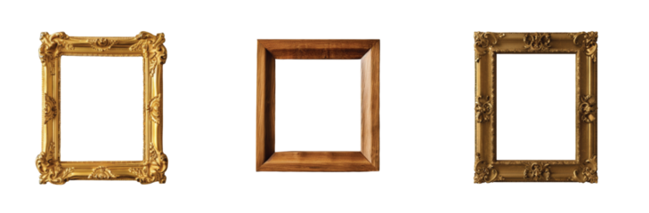 Decorative wooden and ornate gold frames displayed in a horizontal alignment