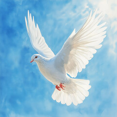 Obraz premium White dove flying peacefully, carrying olive branch in a bright blue sky