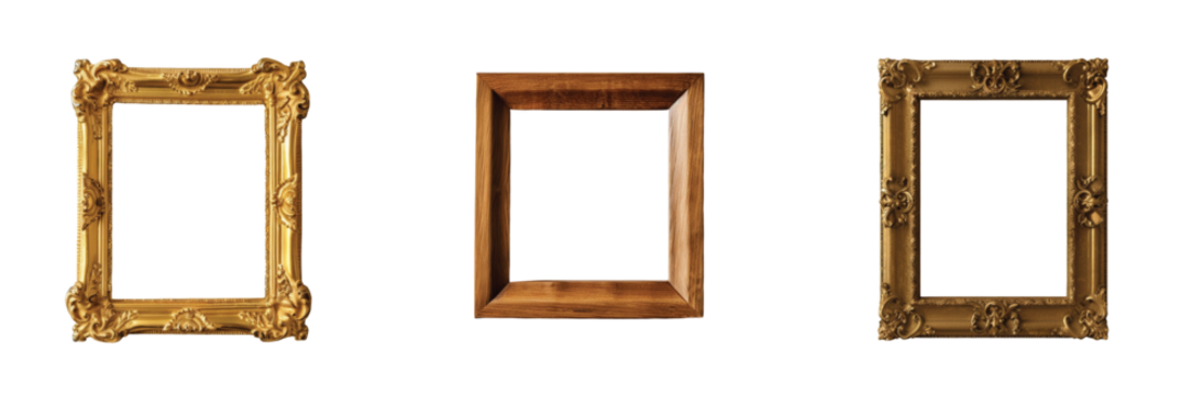 Decorative wooden and ornate gold frames displayed in a horizontal alignment