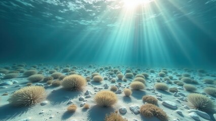 Fototapeta premium Sunlit sandy ocean floor with sparse coral affected by bleaching and climate change 