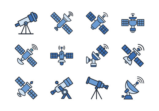 Blue Black Space Communication Technology Satellites Icons Set