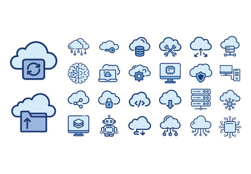 Blue Cloud Computing Data Storage Network Icons Set