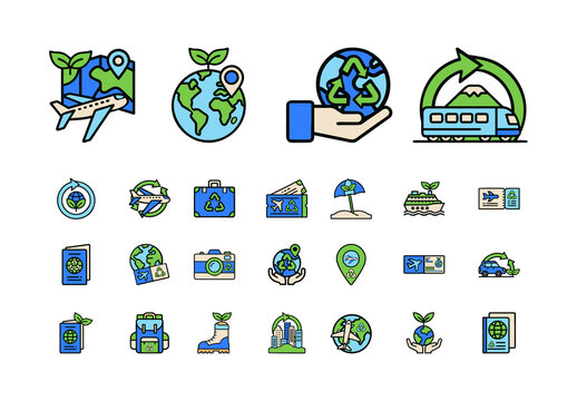 Sustainable Green Eco Friendly Travel Tourism Illustration Set