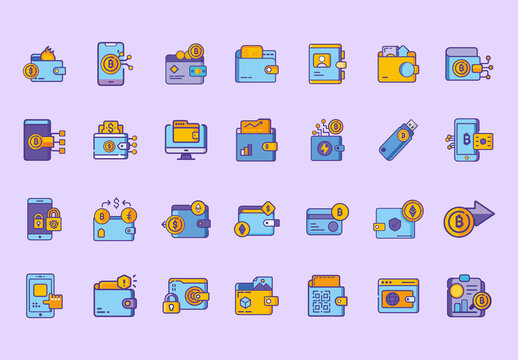 Colorful Digital Finance Cryptocurrency Wallet Icons Set