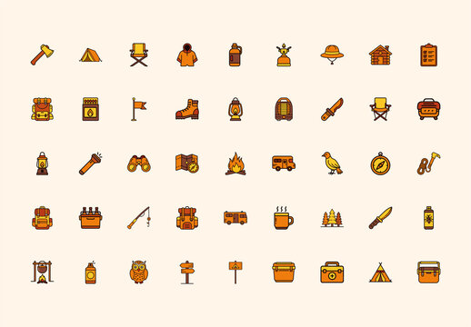 Orange Yellow Outdoor Adventure Camping Equipment Icons Set