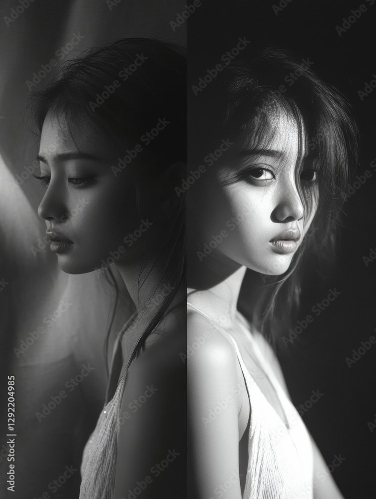 Poster Mood transformation captured through grayscale and vibrant expression, from sadness to self assuredness in a serene studio setting. Generative AI