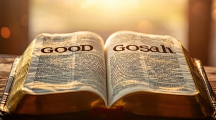 Obraz premium Open bible with light illuminating highlighted words 'good gosah' on pages