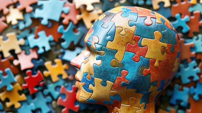 A conceptual illustration of a human head composed of puzzle pieces, representing autism awareness, neurodiversity, and the complexity of cognitive processing.  
