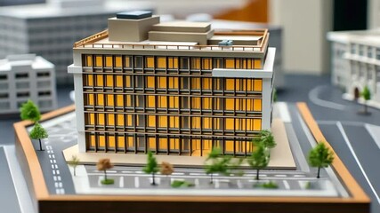 Detailed Architectural Model of a Modern Office Building with Beige and White Facade Surrounded by Miniature Trees and Cityscape on Display - Powered by Adobe