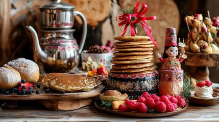 Fototapeta premium A beautifully arranged Maslenitsa table featuring a stack of golden pancakes, traditional bagels, a samovar, and a decorative doll with colorful ribbons, celebrating Russian folk traditions. 