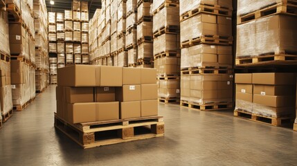 Pallet stacked with cardboard boxes standing in warehouse