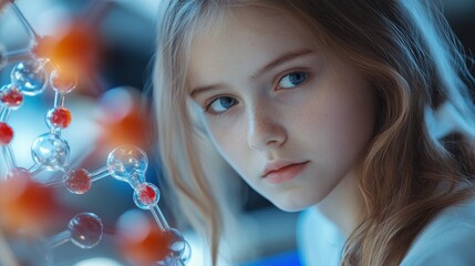 Fototapeta premium Young caucasian girl with molecular structure in scientific setting