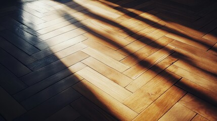Obraz premium Sunlight streams across a polished herringbone wood floor 