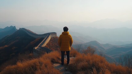 Fototapeta premium Solitary figure on great wall of china in autumn landscape