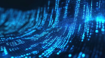 Cyber data wave with blue binary code over digital landscape